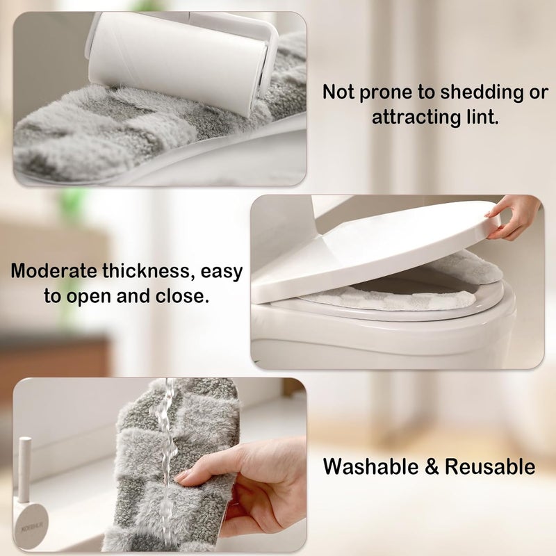 Iensen Thick and Warm Plush Toilet Seat Cover – Washable, Reusable Cushion with TPR Adhesive & Checkered Pattern for Comfort & Insulation (White) - Image 4